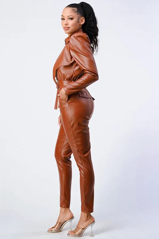 SUPER STRETCH FAUX LEATHER PUFF SLEEVE JUMPSUIT sold by privy product image thumbnail 3
