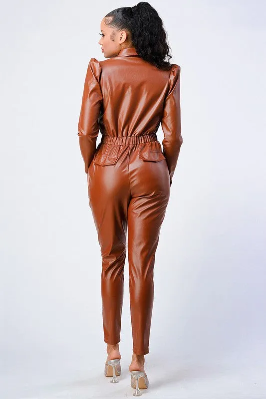 SUPER STRETCH FAUX LEATHER PUFF SLEEVE JUMPSUIT sold by privy product image thumbnail 4