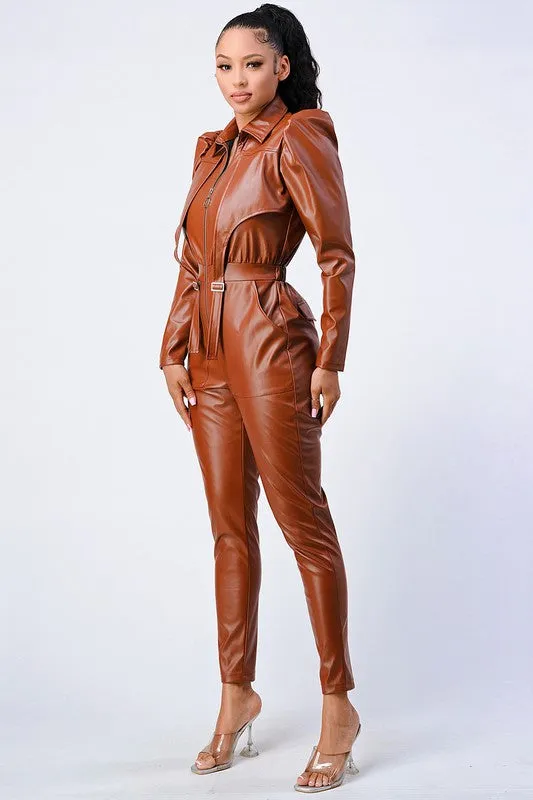 SUPER STRETCH FAUX LEATHER PUFF SLEEVE JUMPSUIT sold by privy product image thumbnail 2