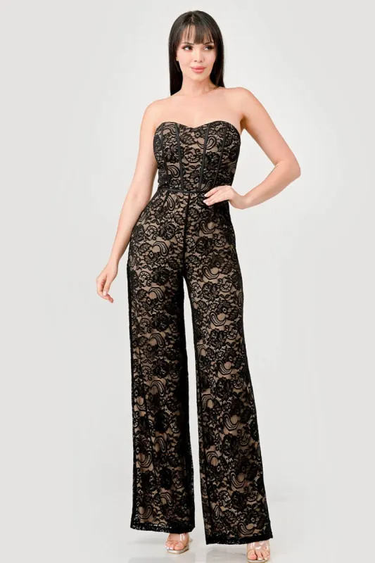 LUXE STRETCH LACE OFF SHOULDER SWEETHEART JUMPSUIT sold by privy