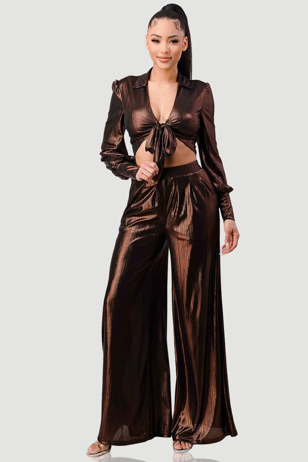 METALLIC SLINKY FRONT TIE TOP AND WIDE PANTS SET sold by privy product image thumbnail 4