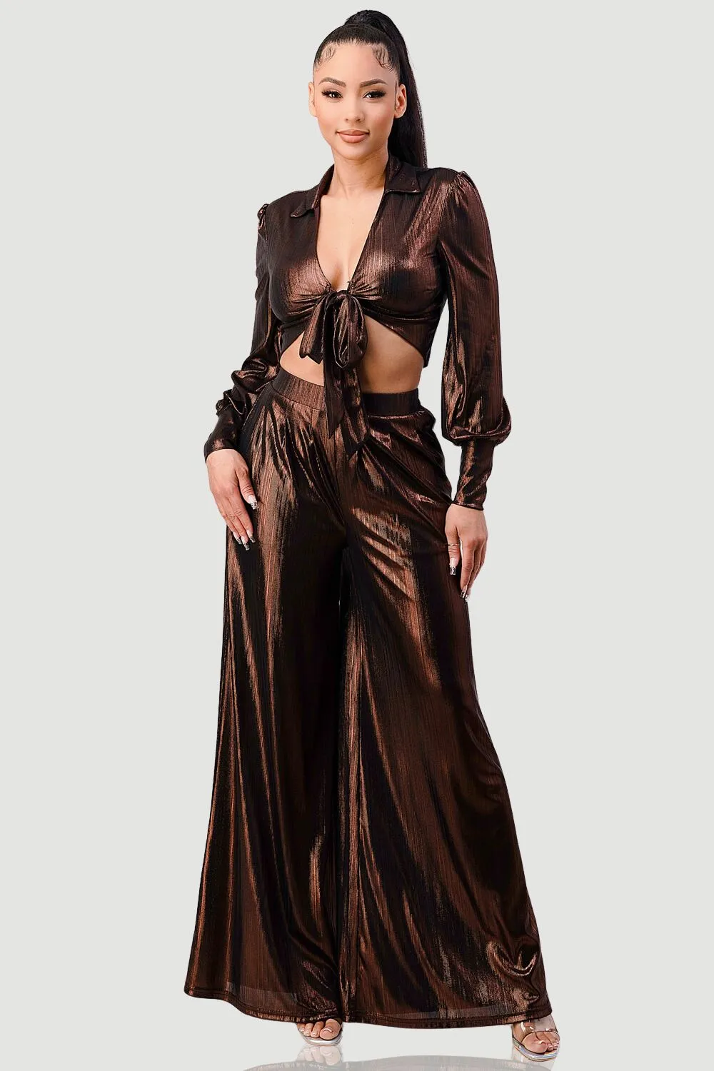 METALLIC SLINKY FRONT TIE TOP AND WIDE PANTS SET sold by privy