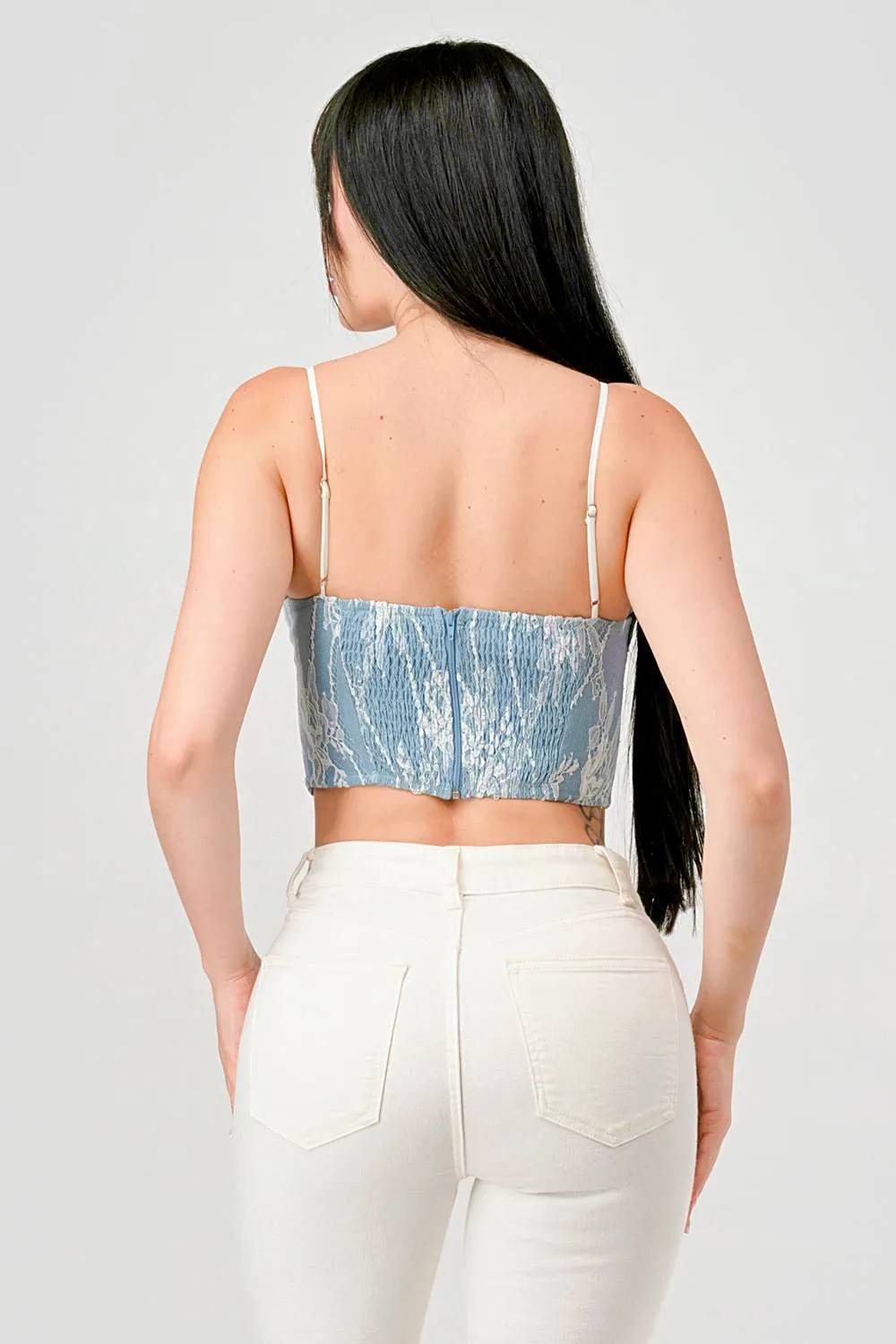 LUXE DENIM LACE TRIM CONTRAST BUSTIER COPPED TOP sold by privy product image thumbnail 3