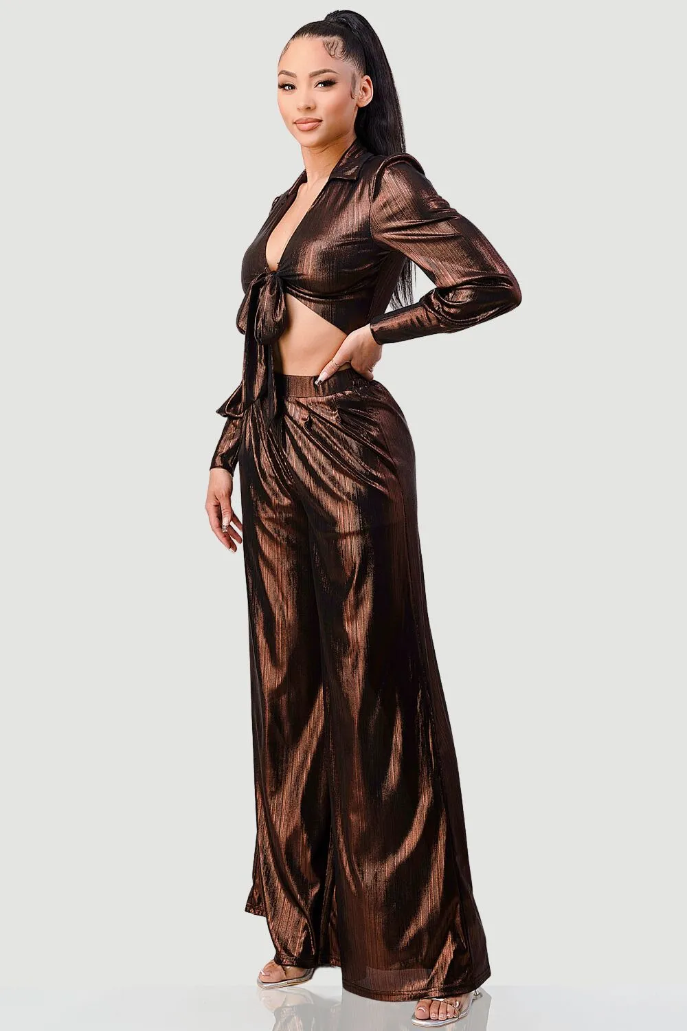 METALLIC SLINKY FRONT TIE TOP AND WIDE PANTS SET sold by privy product image thumbnail 2