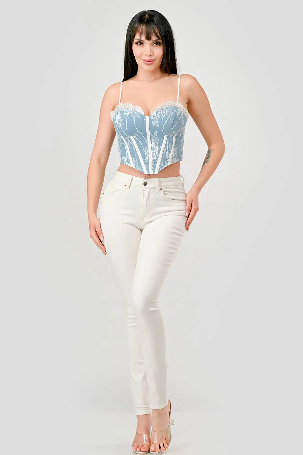 LUXE DENIM LACE TRIM CONTRAST BUSTIER COPPED TOP sold by privy product image thumbnail 4