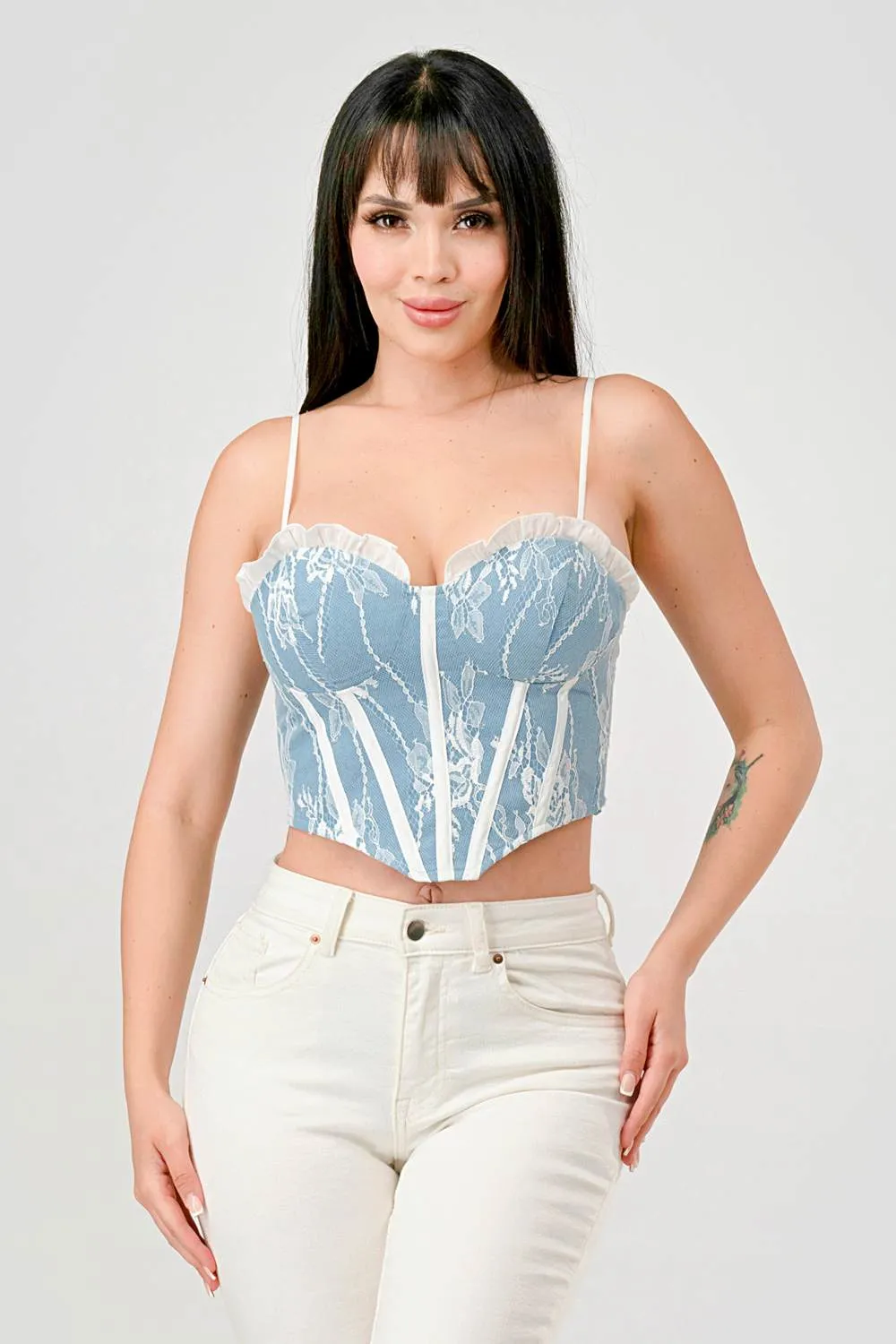 LUXE DENIM LACE TRIM CONTRAST BUSTIER COPPED TOP sold by privy