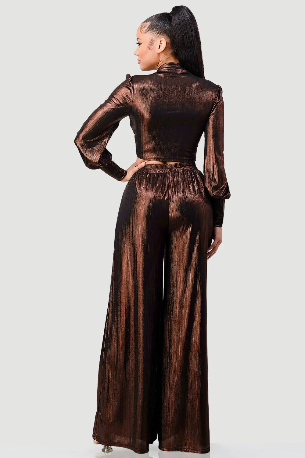 METALLIC SLINKY FRONT TIE TOP AND WIDE PANTS SET sold by privy product image thumbnail 3