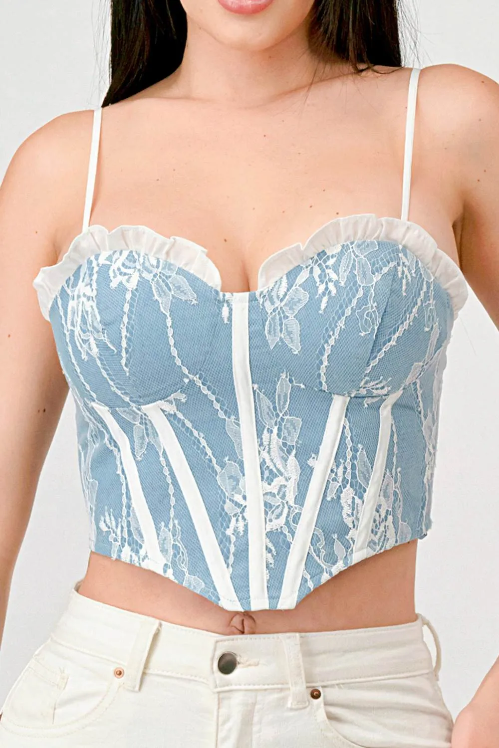 LUXE DENIM LACE TRIM CONTRAST BUSTIER COPPED TOP sold by privy product image thumbnail 5