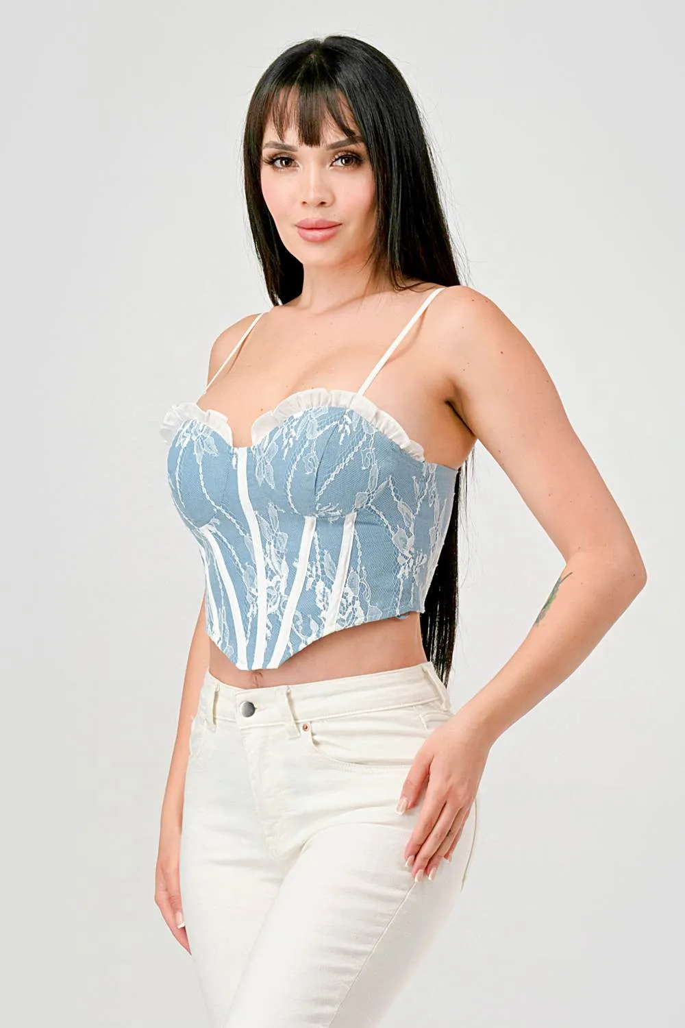 LUXE DENIM LACE TRIM CONTRAST BUSTIER COPPED TOP sold by privy product image thumbnail 2