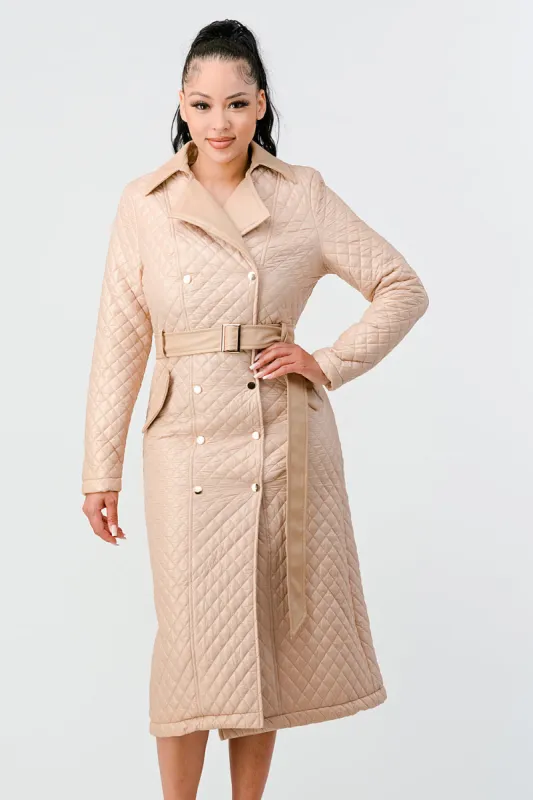 QUILTED WINDBREAKER WAIST BELTED LONG COAT sold by privy