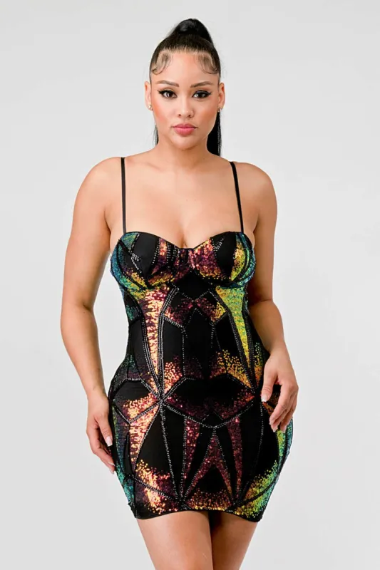 HOLOGRAM SEQUINS SWEETHEART SLEEVELESS MINI DRESS sold by privy