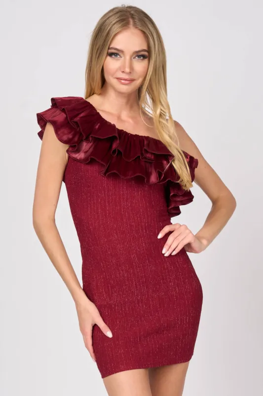 LUXE TEXTURE RIB LUREX RUFFLE ONE SHOULDER DRESS sold by privy