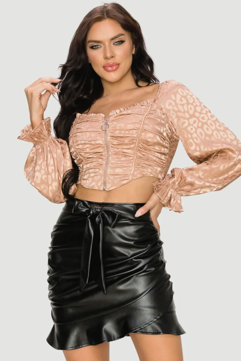 LEOPARD SATIN PRINT RUCHED ZIPUP BUSTIER TOP sold by privy