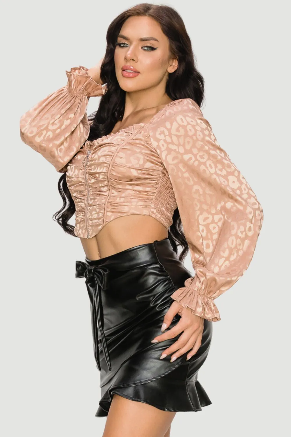 LEOPARD SATIN PRINT RUCHED ZIPUP BUSTIER TOP sold by privy product image thumbnail 2