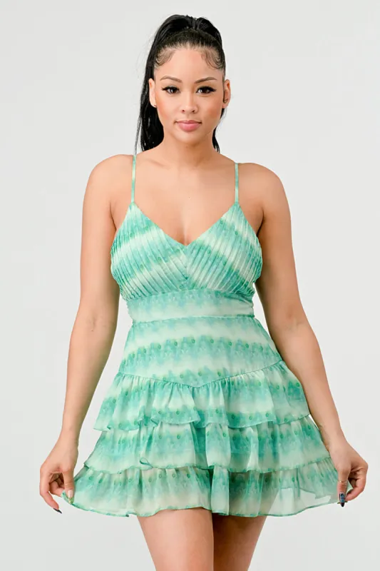 TIE DYE CHIFFON PRINT RUFFLED TIERED MINI DRESS sold by privy