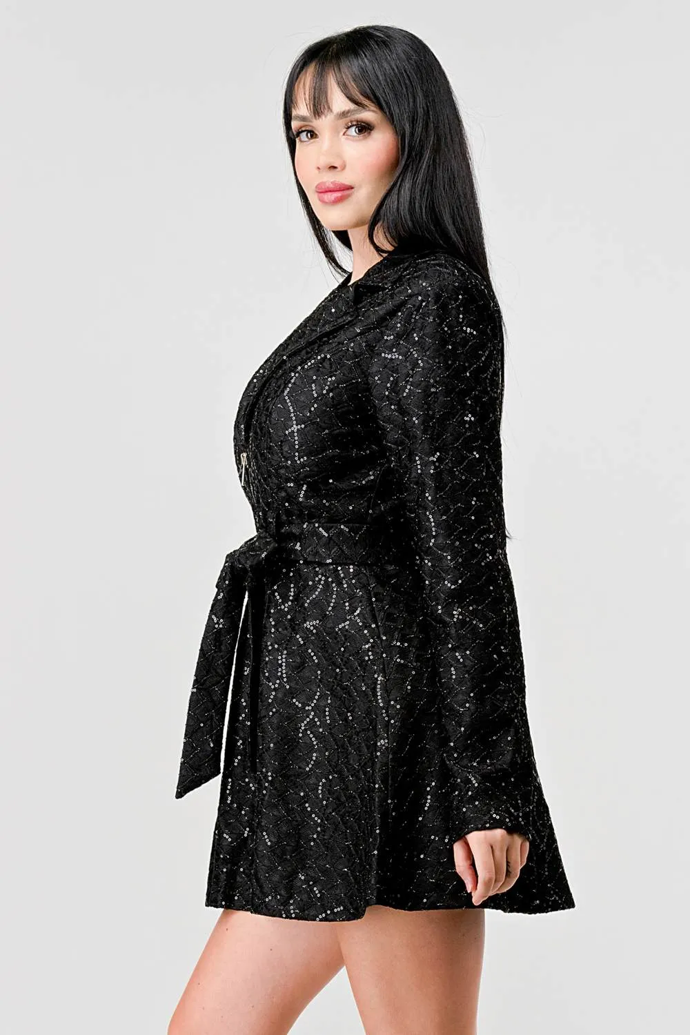 LUXE SEQUINS COLLARED ZIPUP WASIT TIE DRESS JACKET sold by privy product image thumbnail 3