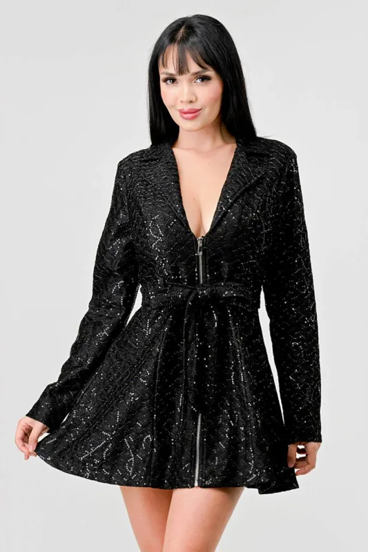 LUXE SEQUINS COLLARED ZIPUP WASIT TIE DRESS JACKET sold by privy
