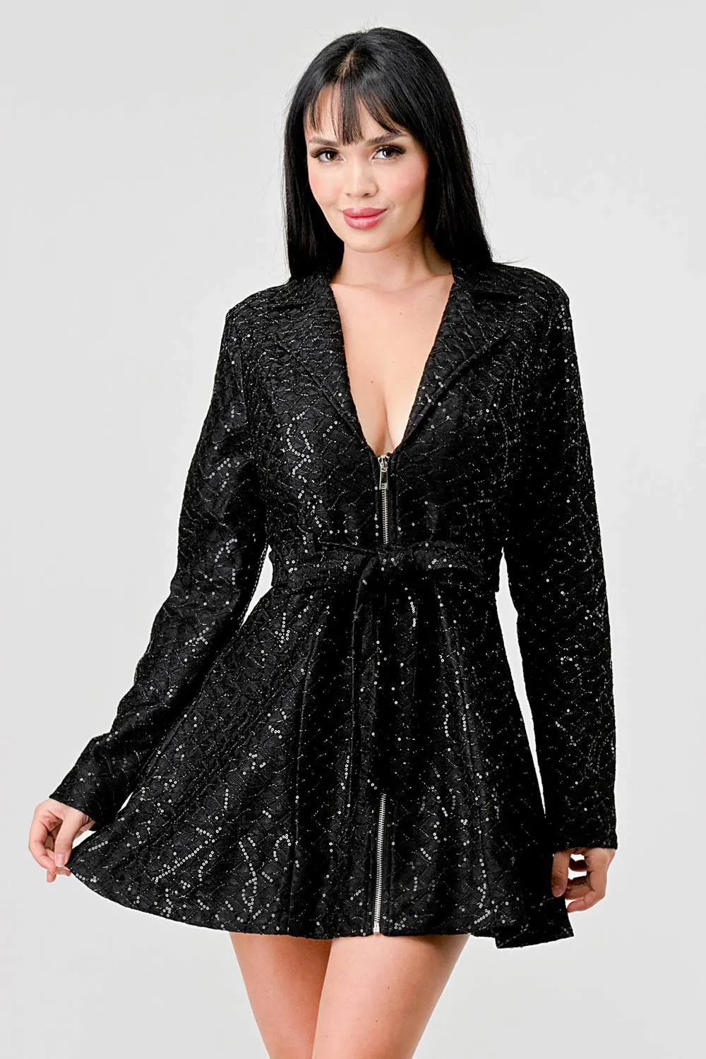 LUXE SEQUINS COLLARED ZIPUP WASIT TIE DRESS JACKET sold by privy
