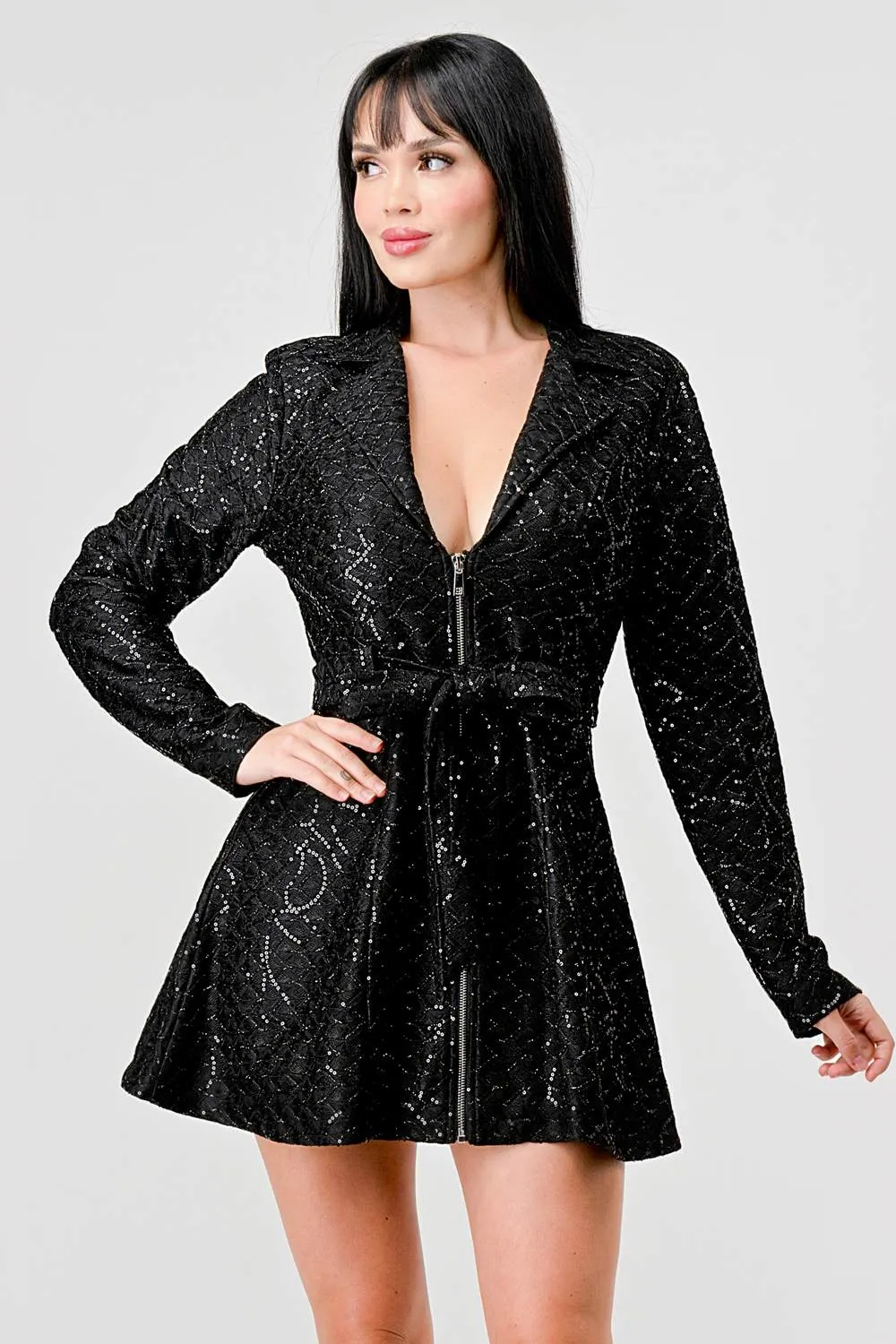 LUXE SEQUINS COLLARED ZIPUP WASIT TIE DRESS JACKET sold by privy product image thumbnail 2