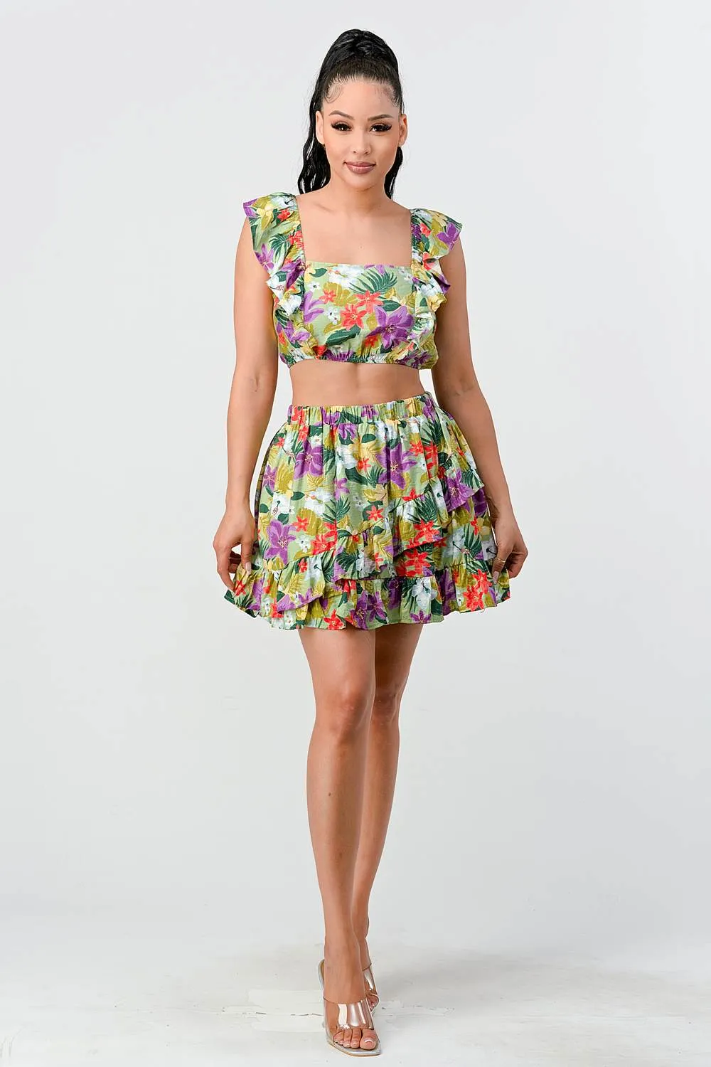 BS3182SL / FLORAL RUFFLED SMOCKED CROP TOP AND SKIRT SETS sold by privy product image thumbnail 4