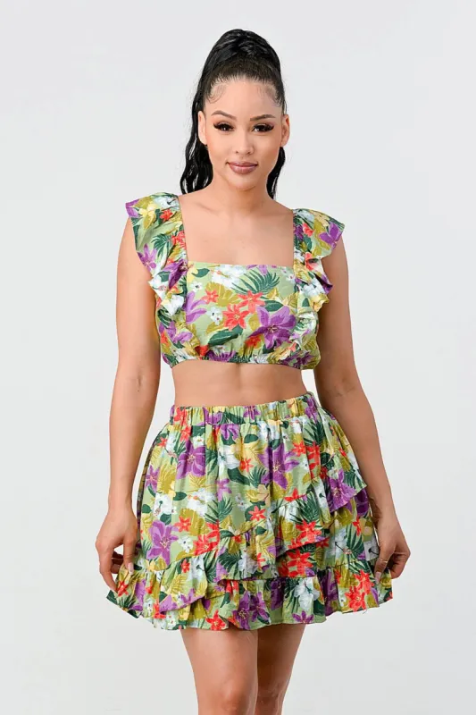 BS3182SL / FLORAL RUFFLED SMOCKED CROP TOP AND SKIRT SETS sold by privy