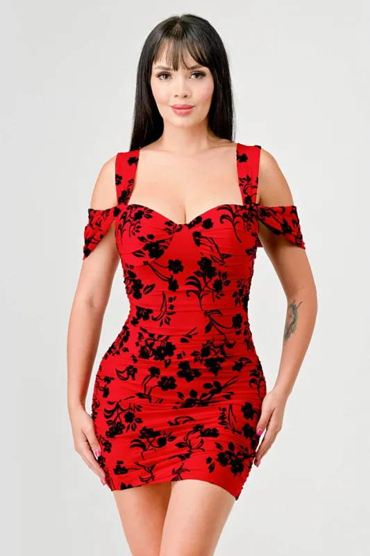 FLORAL MESH VELVET FLOCKING SWEETHEART MINI DRESS sold by privy