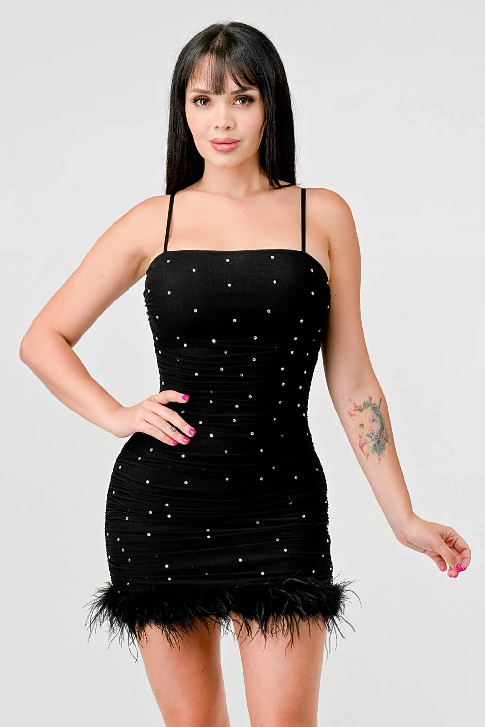 RHINESTONES MESH FUZZY FUR HEM RUCHED MINI DRESS sold by privy