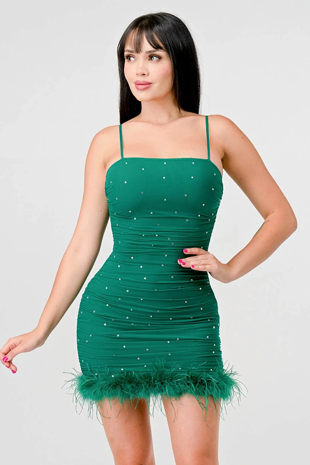 RHINESTONES MESH FUZZY FUR HEM RUCHED MINI DRESS sold by privy product image thumbnail 3