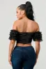 LUX STRETCH SATIN OFF SHOULDER RUFFLED CROPPED TOP sold by privy