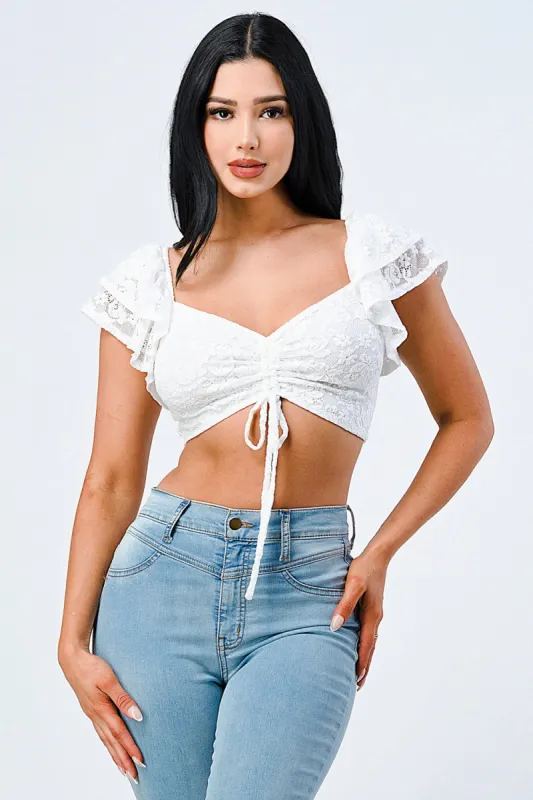 LUX LACE KNOT DOUBLE RUFFLED CROP TOP sold by privy