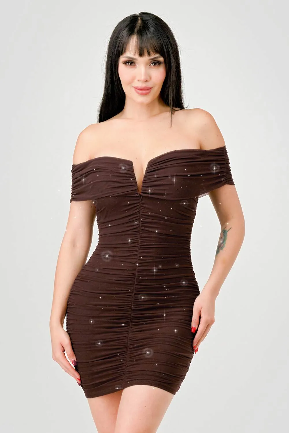 LUXE RHINESTONES MESH OFF THE SHOULDER MINI DRESS sold by privy