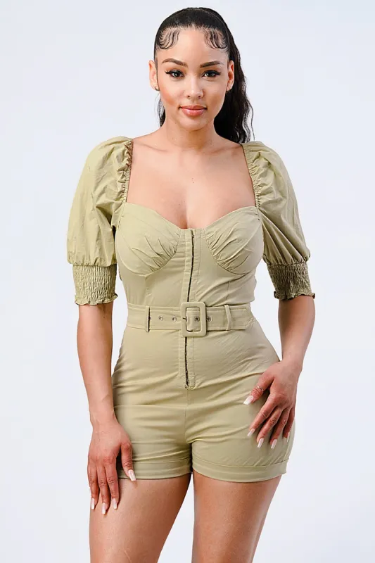 PJ10231N-W / BELTED SWEETHEART PUFF SLEEVED ROMPER sold by privy
