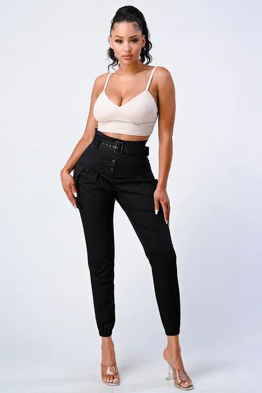 CHIC HIGH-WAISTED BELTED CARGO PANTS sold by privy