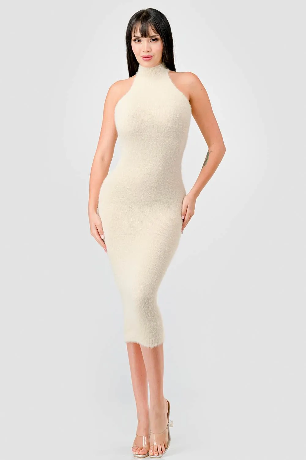 LUXE ANGORA KNIT HALTER BODYCON MIDI DRESS sold by privy product image thumbnail 4
