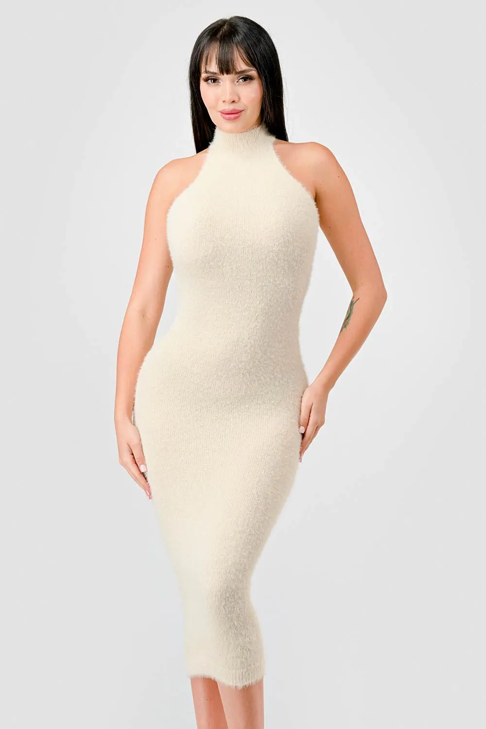 LUXE ANGORA KNIT HALTER BODYCON MIDI DRESS sold by privy