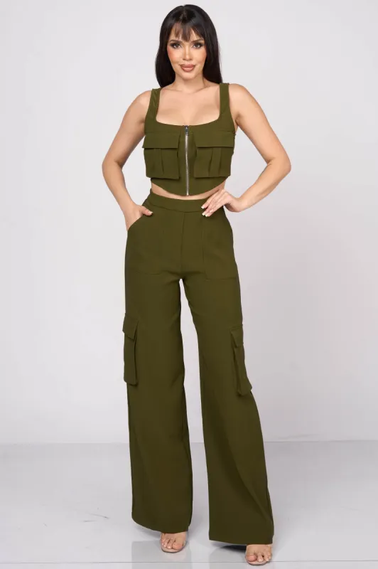 CHIC CARGO ZIPUP CROP TOP & CARGO PANTS SETS sold by privy
