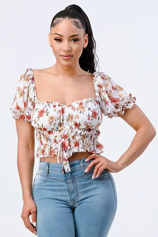 FLORAL SMOCKED SQUARE NECK RUFFLED TOP sold by privy