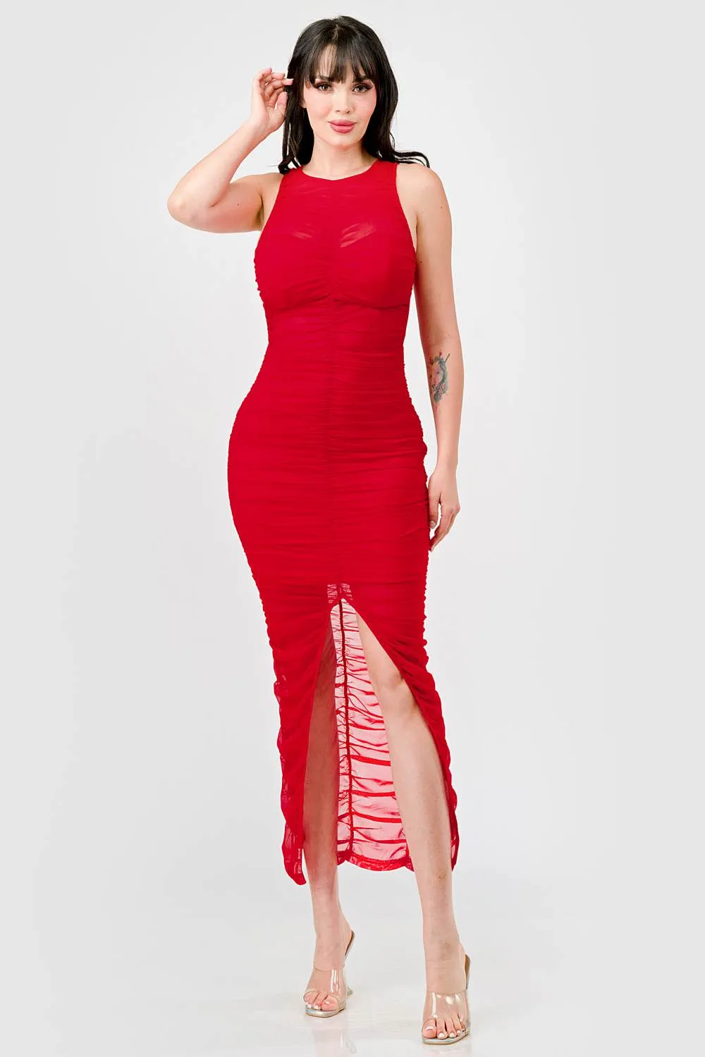 LUXE MESH LINING RUCHED SLITTED MIDI DRESS sold by privy