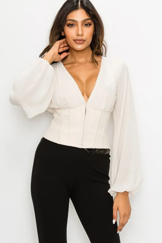 FAUX SUEDE AND CHIFFON COMBO TOP sold by privy