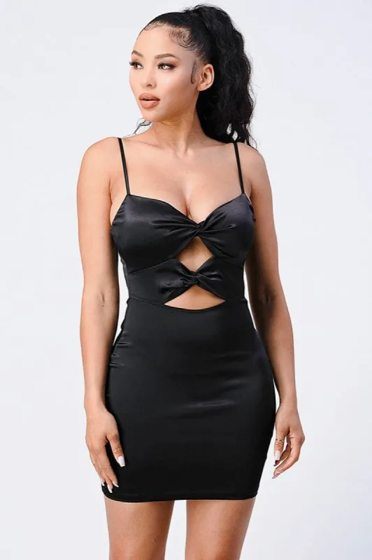 PD71365B / LUXE SATIN TWISTED-FRONT CUT-OUT BODYCON DRESS sold by privy