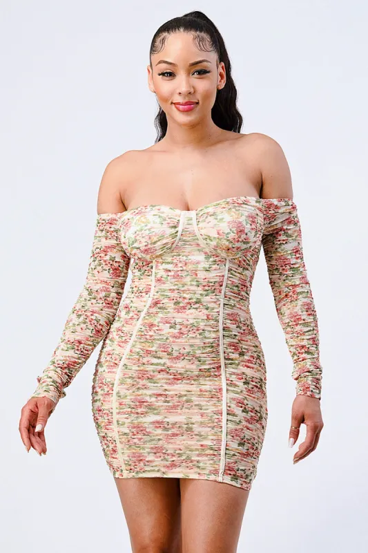 FLORAL OFF SHOULDER CONTRAST RUCHED BODYCON MINI DRESS sold by privy