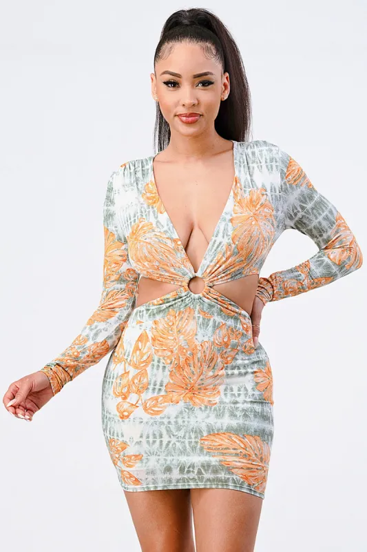FLORAL PRINT DEEP V-NECK SELF BELTED CUTOUT MINI DRESS sold by privy