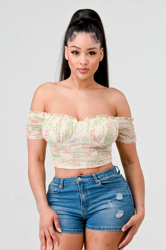 FLORAL MESH OFF SHOULDER RUCHED CROPPED TOP sold by privy