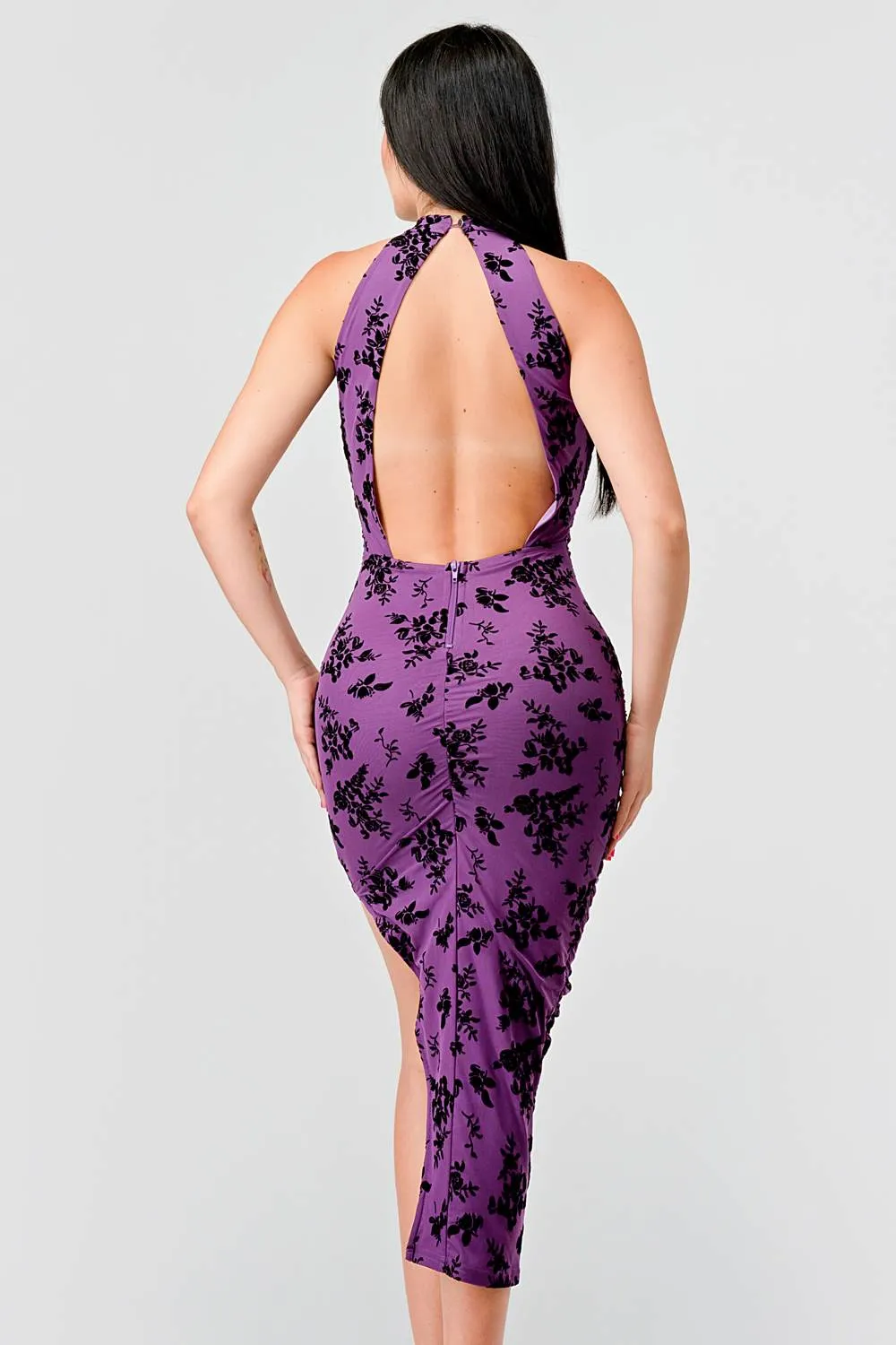 LUXE VELVET FLOCKING MESH OPEN BACK MIDI DRESS sold by privy product image thumbnail 3
