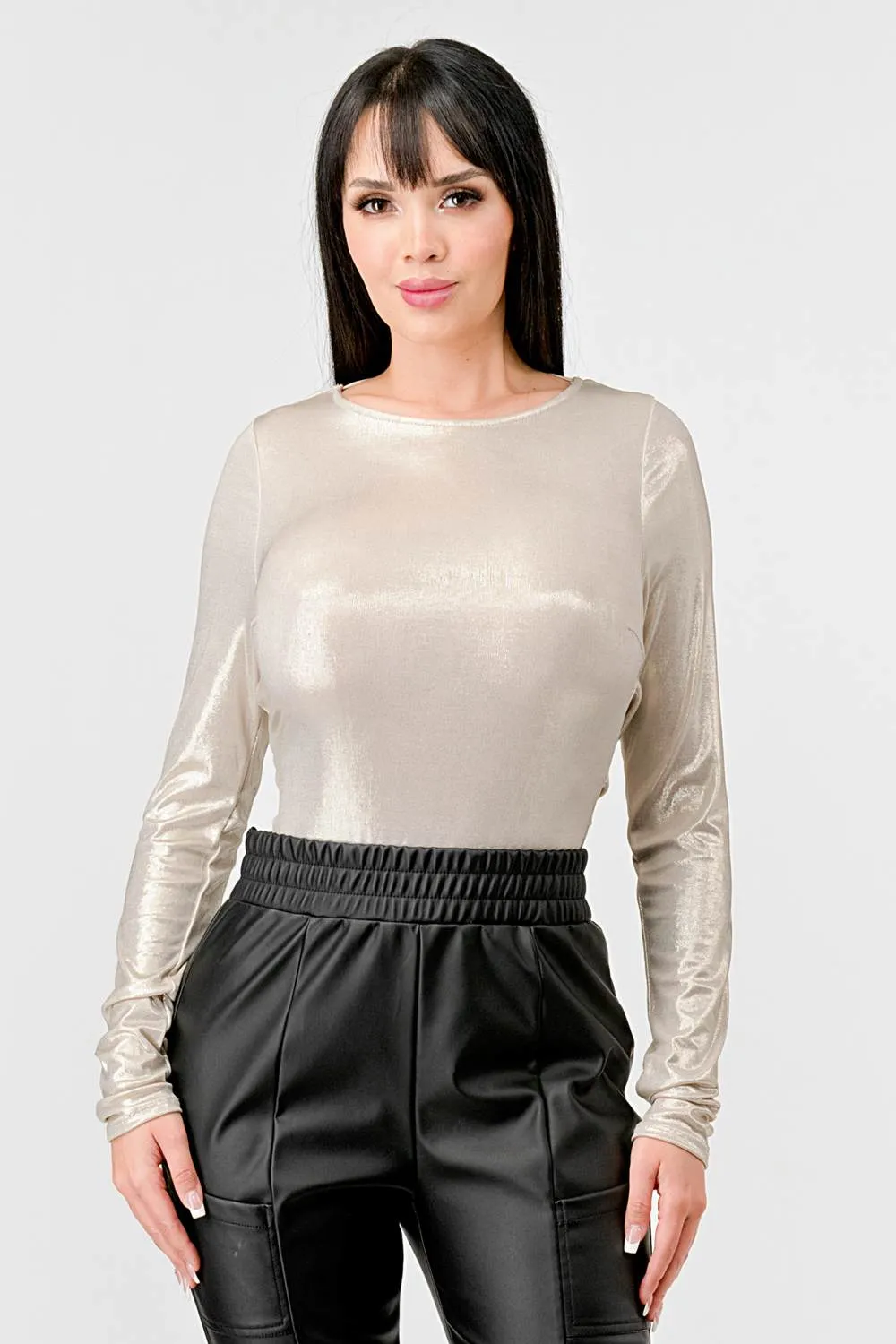 METALLIC FOILED COWL OPEN BACK TIE BODYSUIT sold by privy product image thumbnail 2