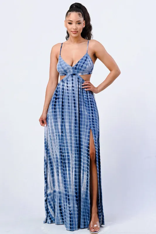 PD71816H-W / TIE DYE PRINT SIDE CUTOUTS V-NECK SLITTED MAXI DRESS sold by privy