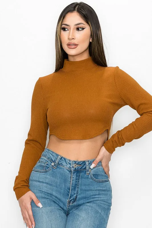 RIBBED MOCK NECK BACK SLIT CROPPED LONG SLEEVE TOP sold by privy product image thumbnail 5
