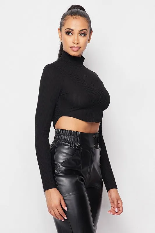 RIBBED MOCK NECK BACK SLIT CROPPED LONG SLEEVE TOP sold by privy product image thumbnail 2