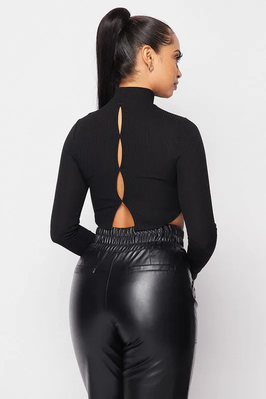 RIBBED MOCK NECK BACK SLIT CROPPED LONG SLEEVE TOP sold by privy product image thumbnail 3
