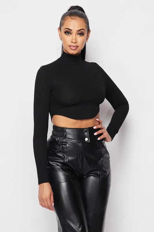 RIBBED MOCK NECK BACK SLIT CROPPED LONG SLEEVE TOP sold by privy